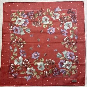 CHRISTIAN DIOR Scarf Handkerchief Floral Polka Dot Cotton Red Vintage 18"